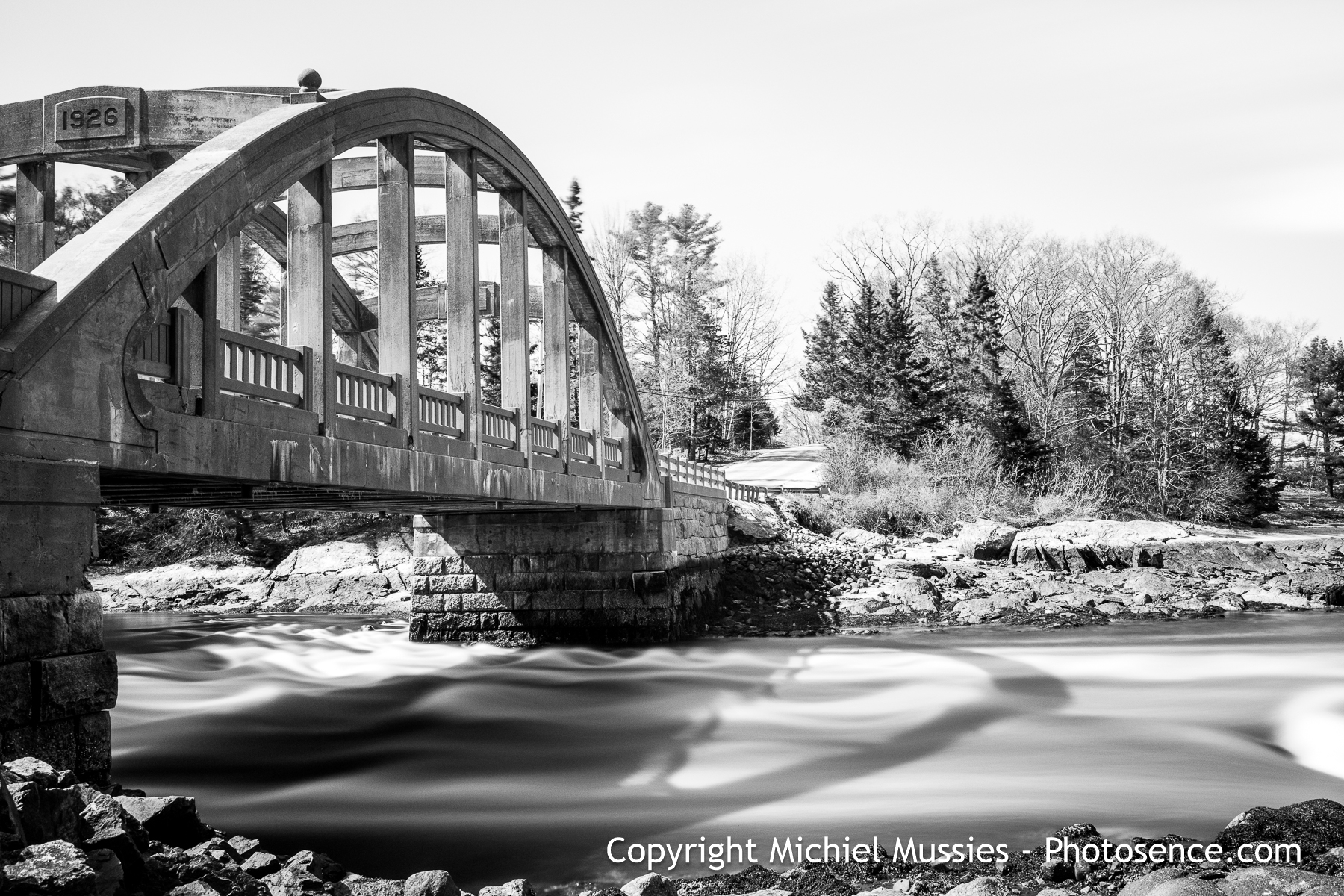 Monochrome print,  long exposure of a Concrete Bridge in Acadia national park, Maine, US