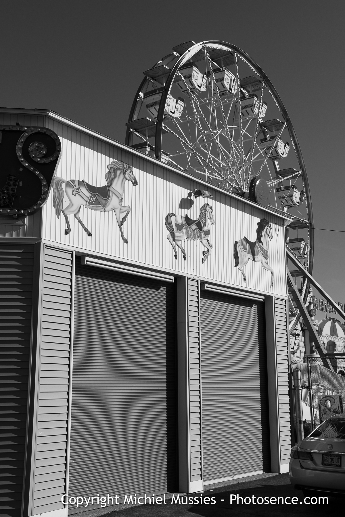 Monochrome print, Cityscape, US, Maine, Old Orchard Beach, Spring, Closed Amusement park