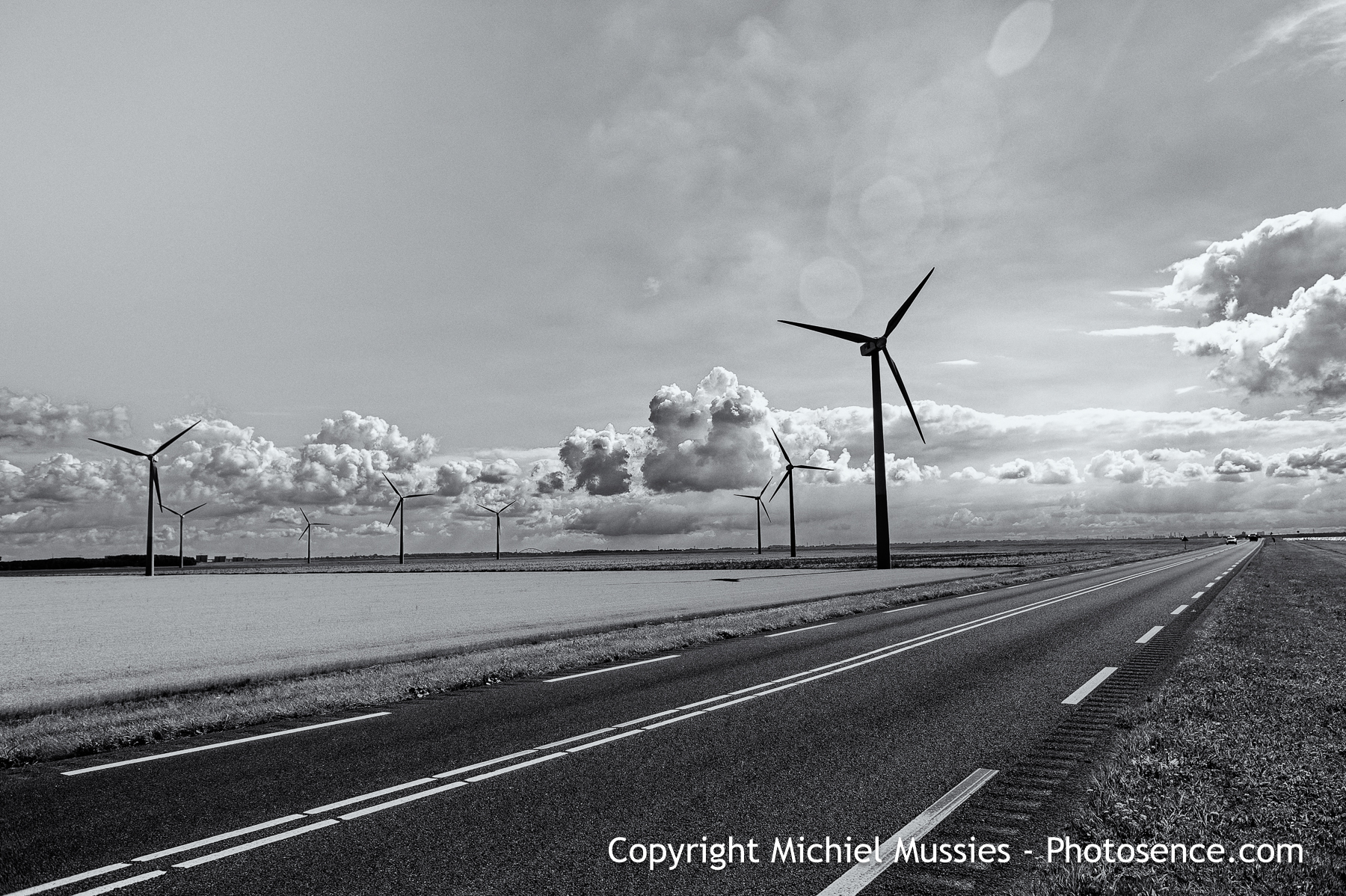 Monochrome print of landscape with Wind Turbines, near Almere, Holland